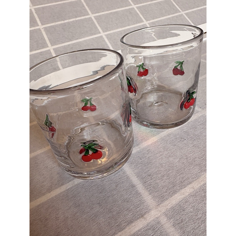 Anthropologie Icon Juice Glass Set of 2 Red Cherry Handblown Tumblers 14 oz